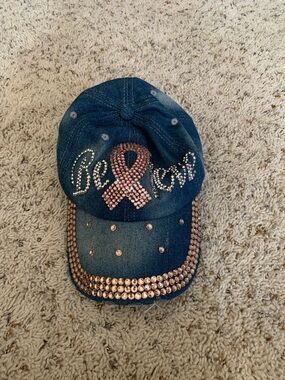 Believe Denim Baseball Cap with Pink Cancer Ribbon Crystal Accents